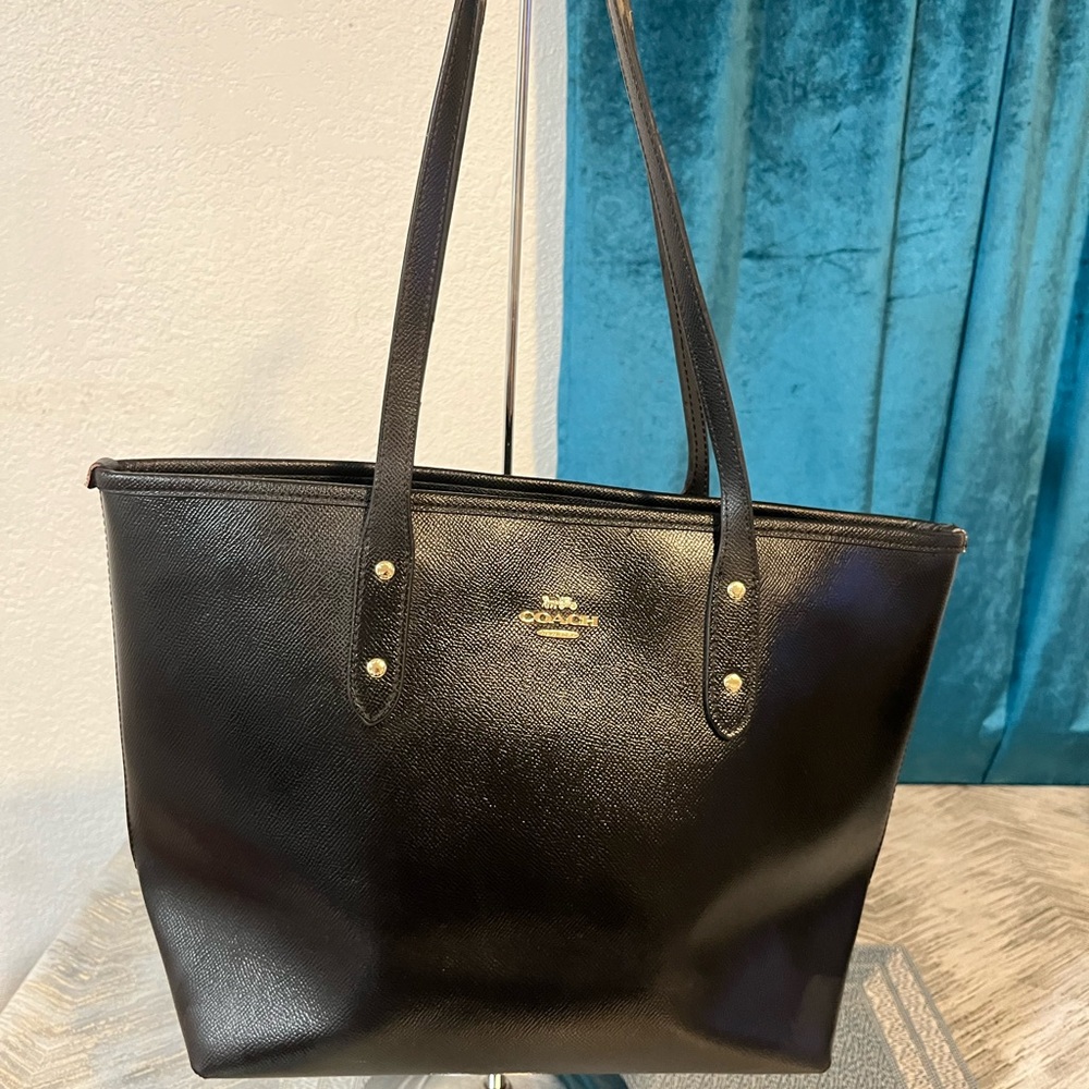 Coach Black Leather Tote with Gold Accents - Picture 2 of 11